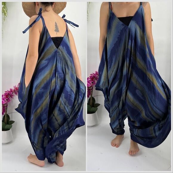 Pōʻalima Blue Tan Tropical Boho Wide Leg Beach Romper - Picture 2 of 14